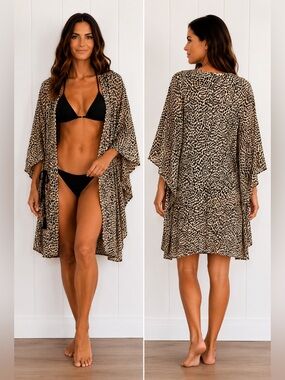 UMGEE Leopard Kimono Duster Boho Beach Resort Swim Chic Cover Up Medium Large